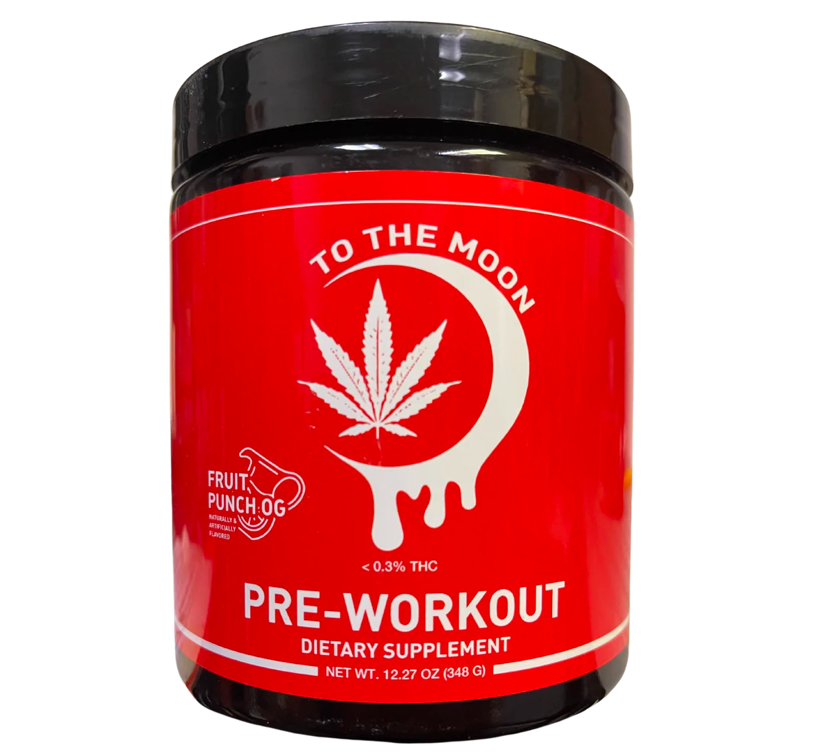  A Red, White, and Black Jar of To The Moon Pre-Workout Fitness Supplement in the Fruit Punch OG Flavor