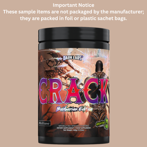 Supplement container labeled 'CRACK' with a dark label on a beige background