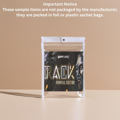 Foil or plastic sachet bag with 'Dark Labs' branding on a beige background