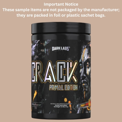 Black supplement container labeled 'Dark Labs Crack Primal Edition' on a beige background with text about packaging.