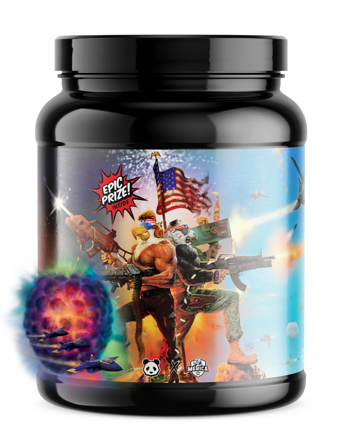 Black supplement container labeled 'First Blood' with colorful graphics on a white background