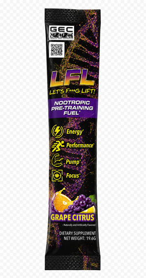 A single-serve stick pack of GEC Nutrition LFL Grape Citrus Nootropic Pre-Training Fuel. The packaging is primarily black with purple grape graphics, yellow and white text, and an illustration of a grapefruit slice.