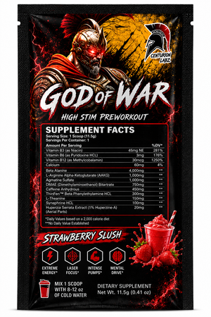 A single-serve pouch of Century Vars 'God of War' High Stim Preworkout in Strawberry Slush flavor, featuring a black background with red and yellow graphics, a Spartan helmet logo, and a detailed supplement facts panel.