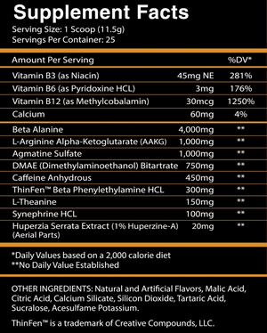 A supplement facts label with a black background and white text listing ingredients and daily value information for a serving size of 1 scoop.