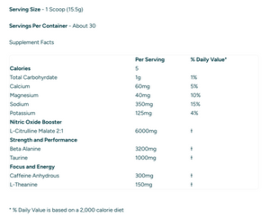 Supplement facts table for a product with various nutrients and their values.