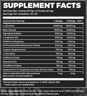 Supplement facts label with detailed ingredient list on a black background