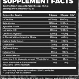 Supplement facts label with detailed nutritional information on a black background