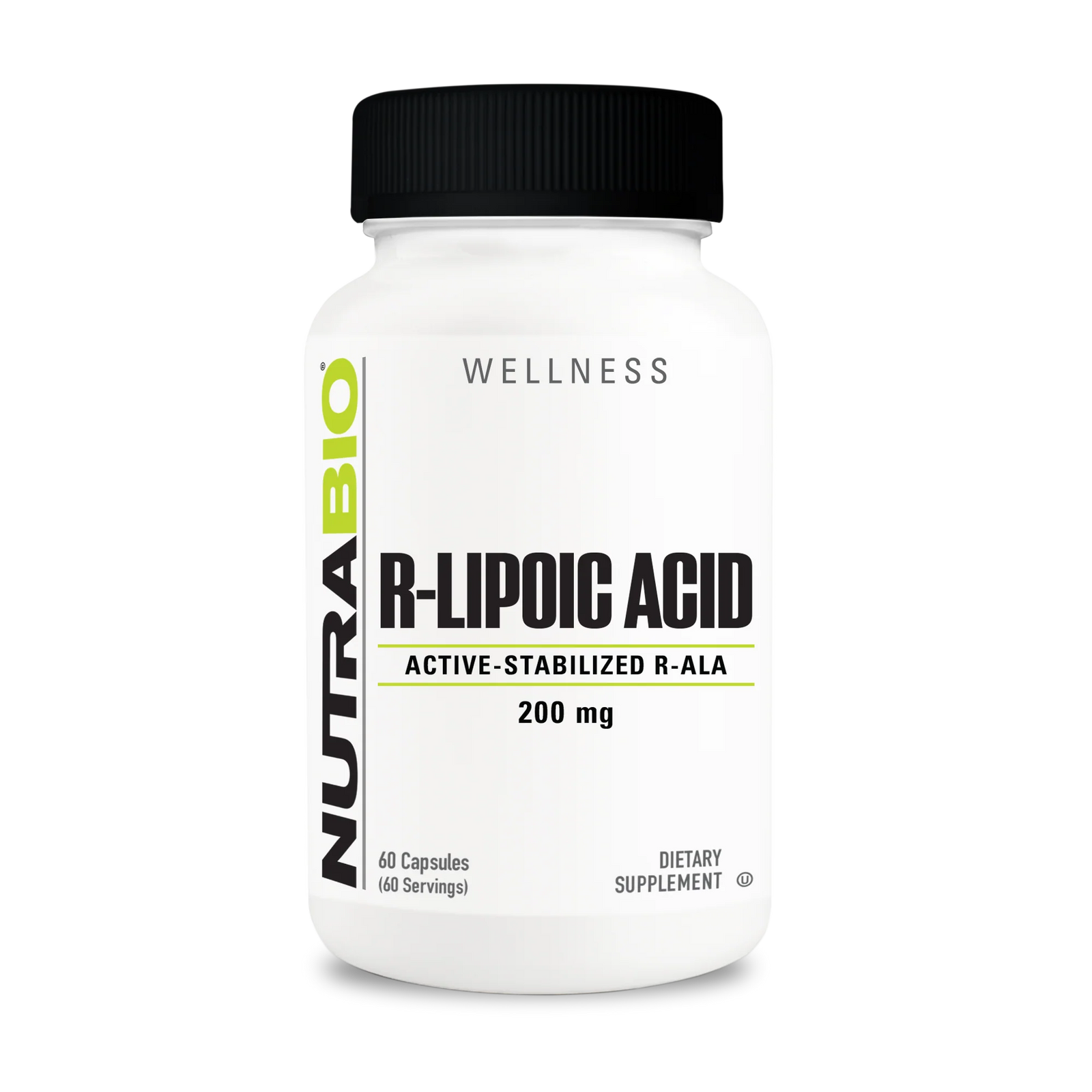Supplement bottle labeled 'R-Lipoic Acid' by NutraBio on a white background