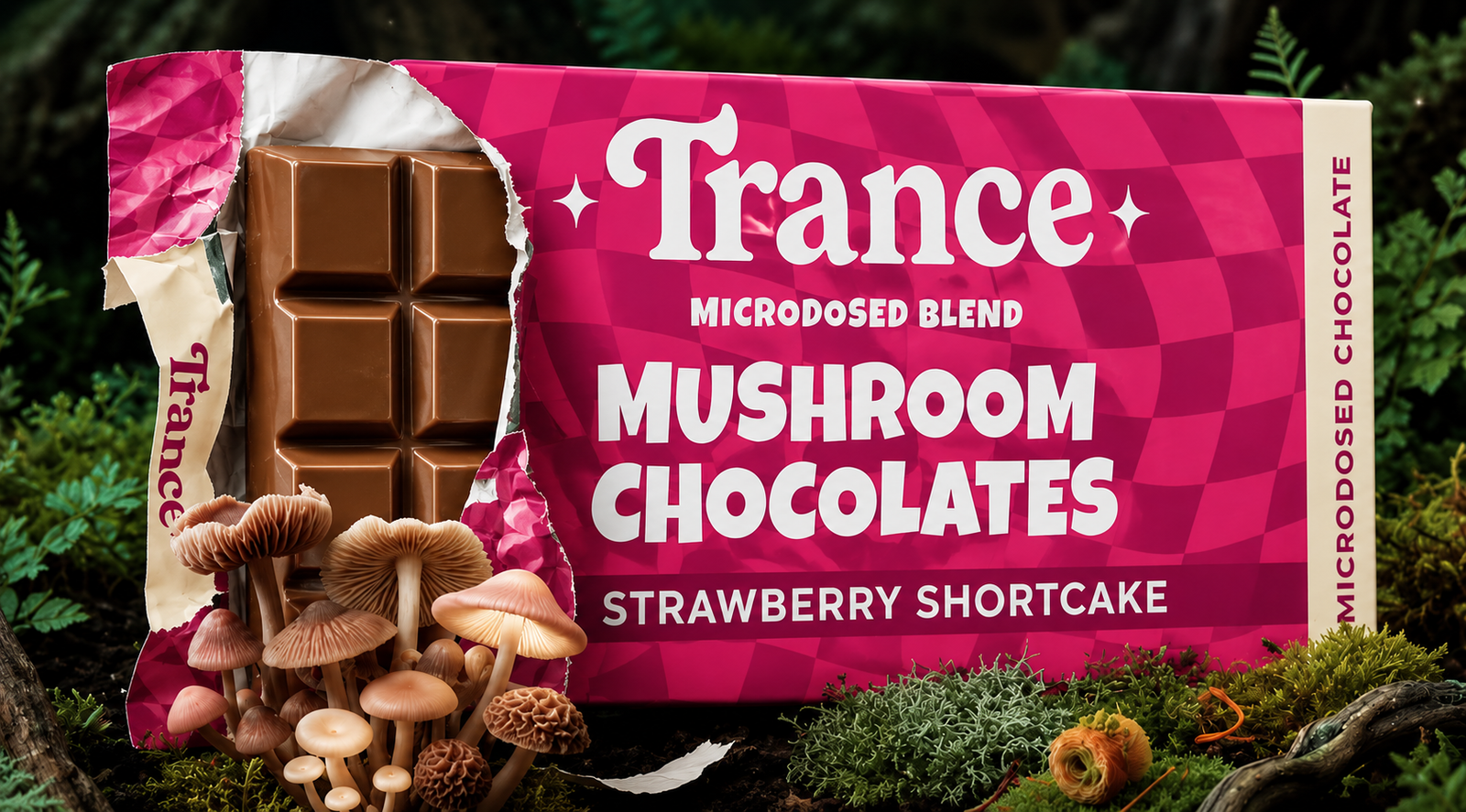 Box of Trance Mushroom Chocolates with mushrooms and a strawberry shortcake flavor on a natural background.